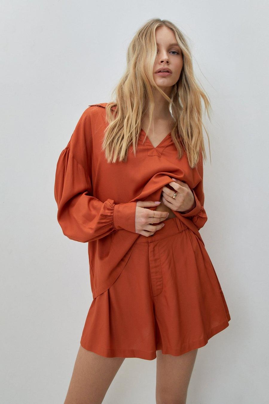 Rust Viscose Slouch Plunge Throw On Cover Up Shirt image number 1