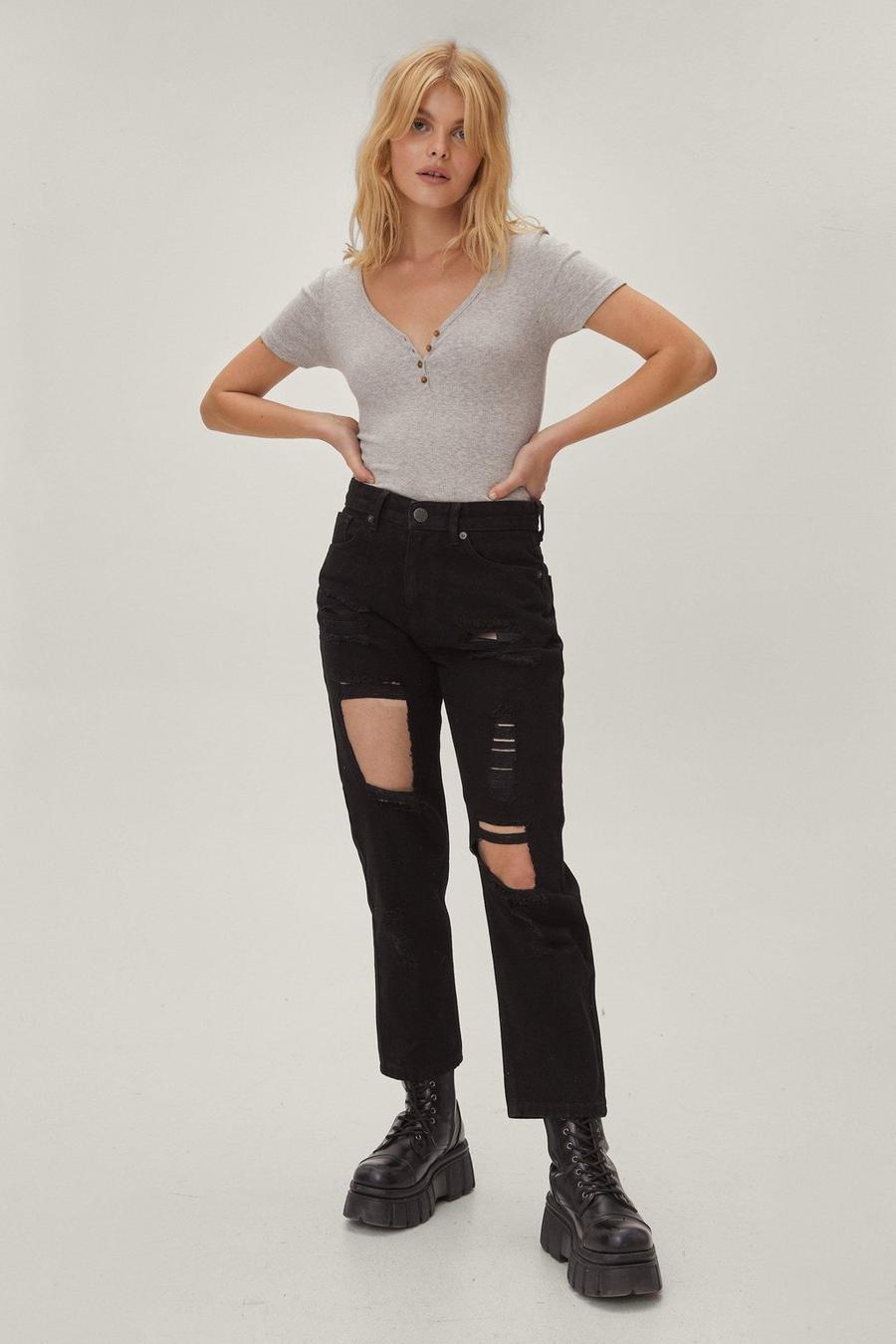 Jeans Mom Petite in denim sostenibile a effetto consumato, Black nero