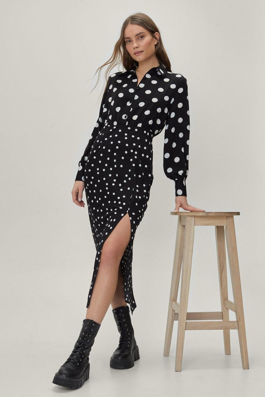 Black Polka Dot Contrast Skirt Midi Shirt Dress