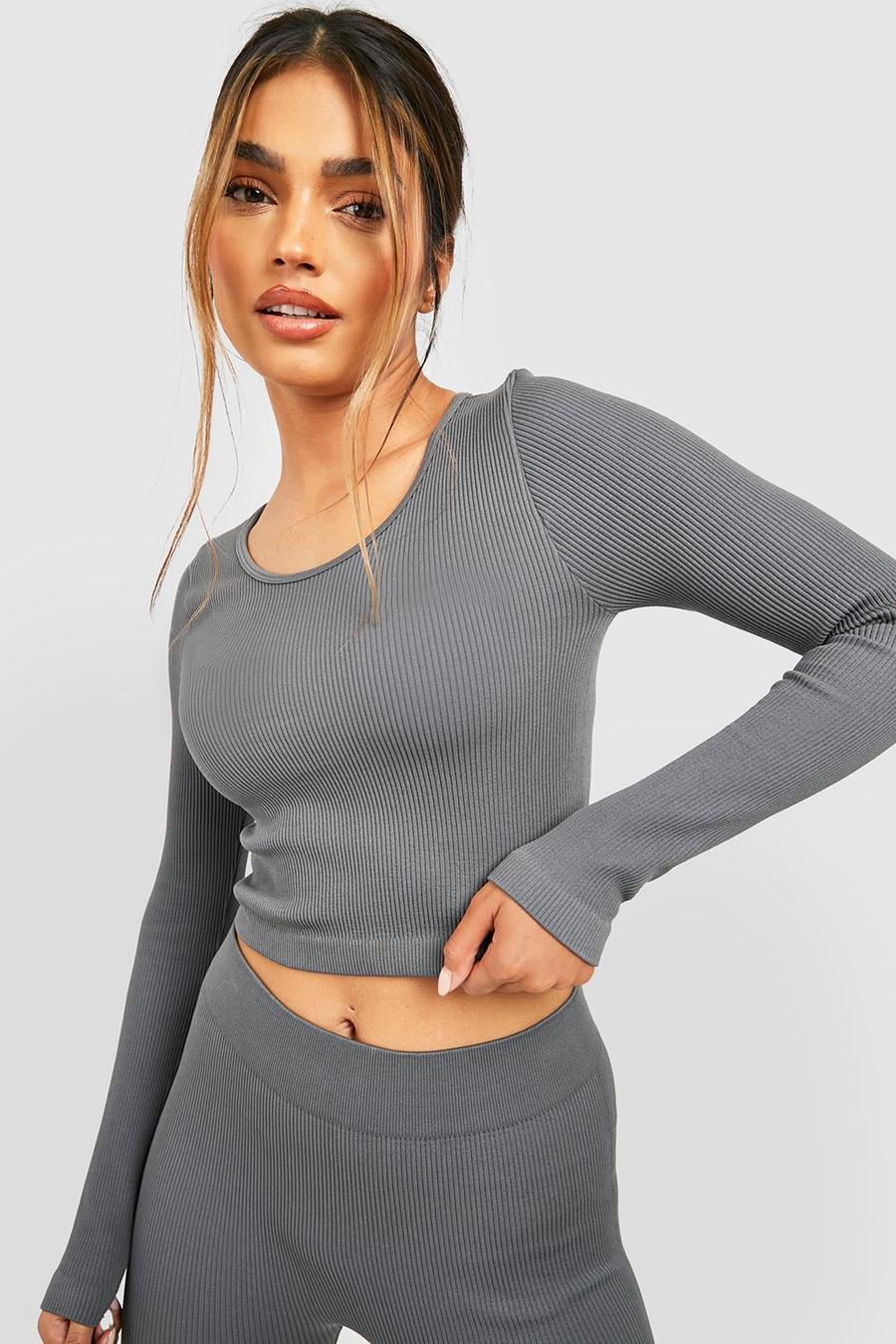 Charcoal grey Seamless Contour Ribbed Round Neck Top