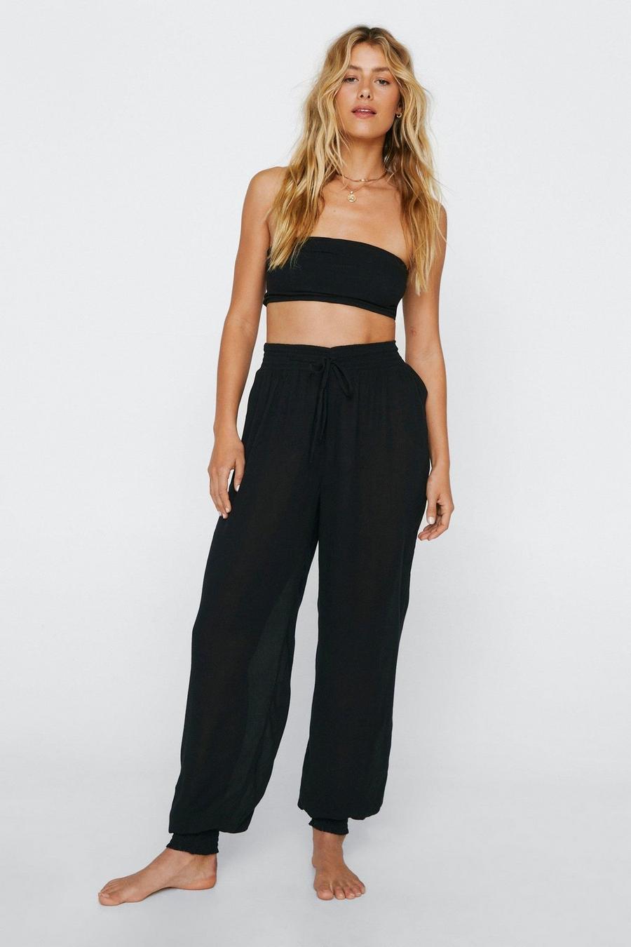 Black Crinkle Shirred Balloon Cover Up Pants image number 1