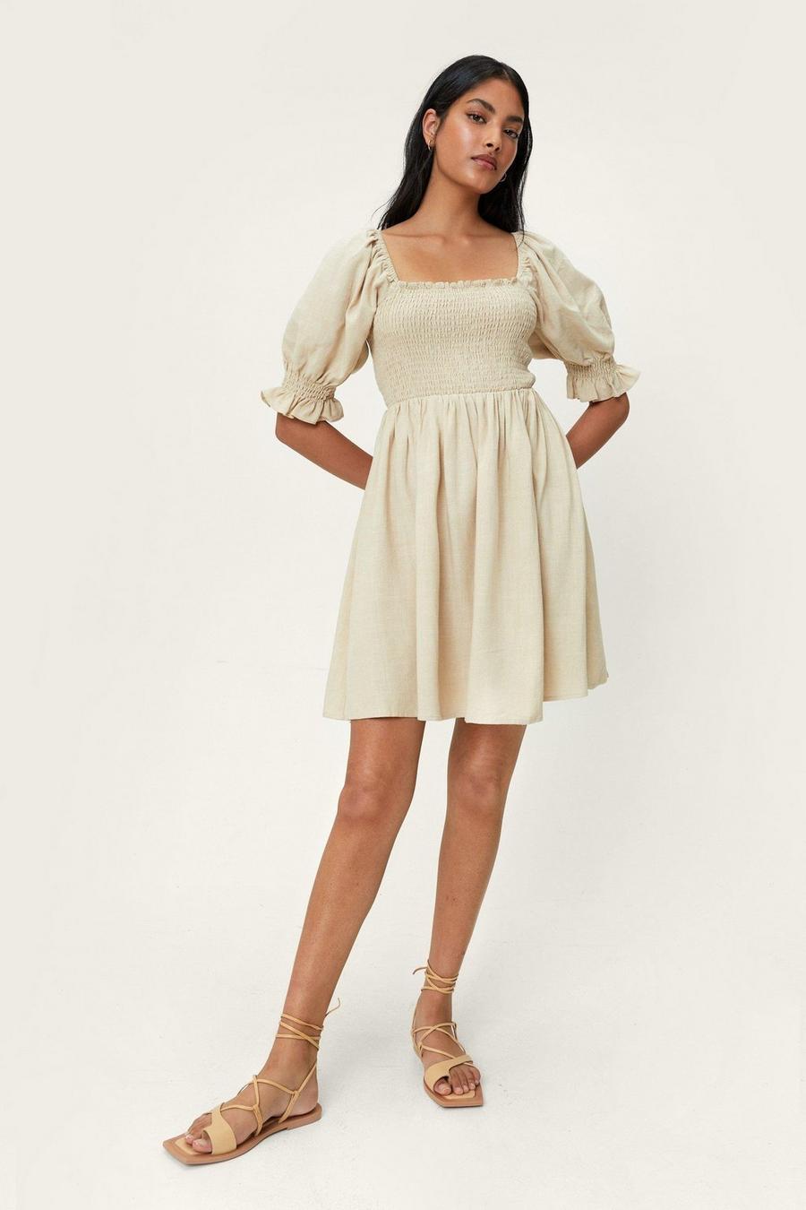 Natural beige Linen Shirred Detail Mini Dress