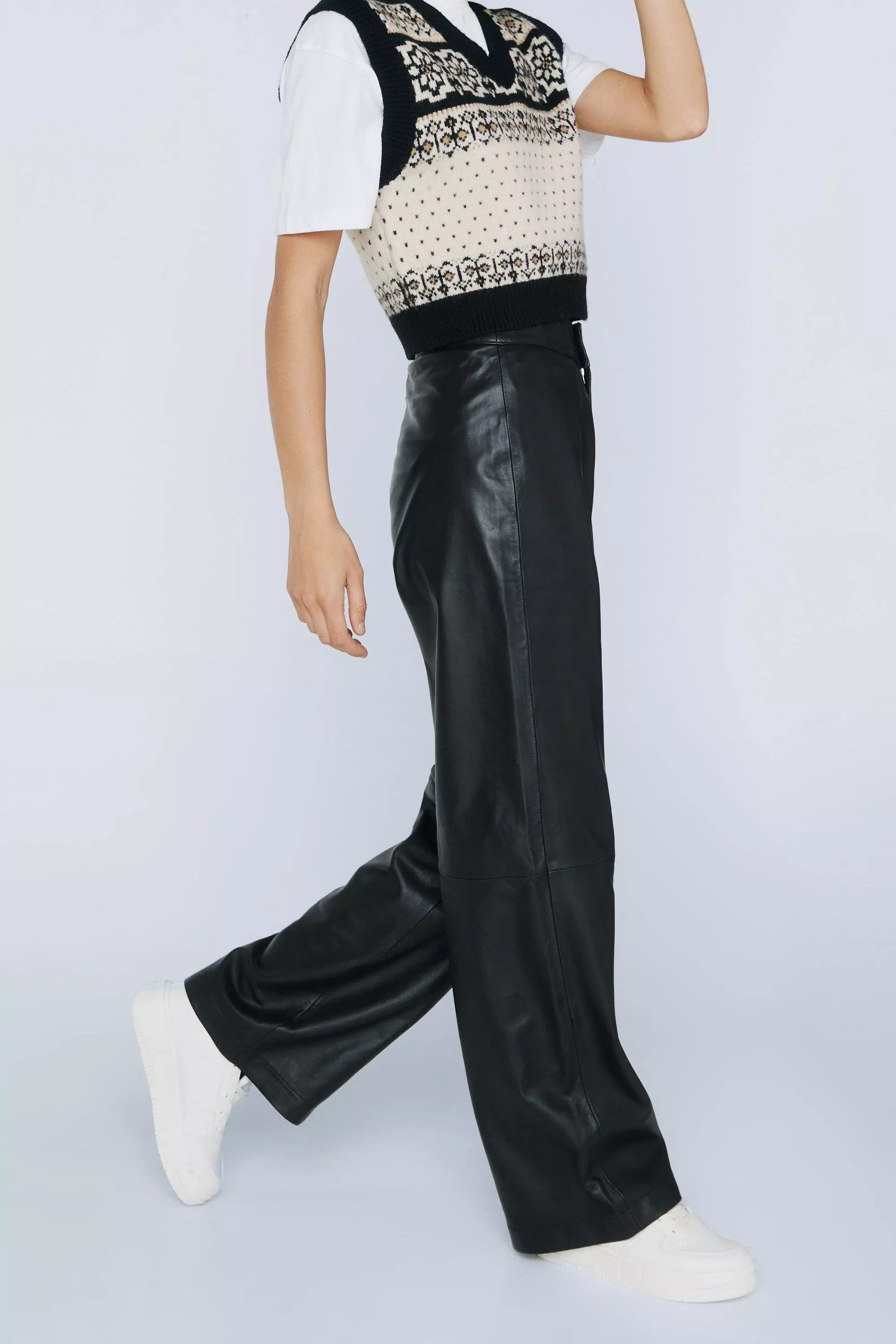 Real Leather Wide Leg Seam Detail Pants