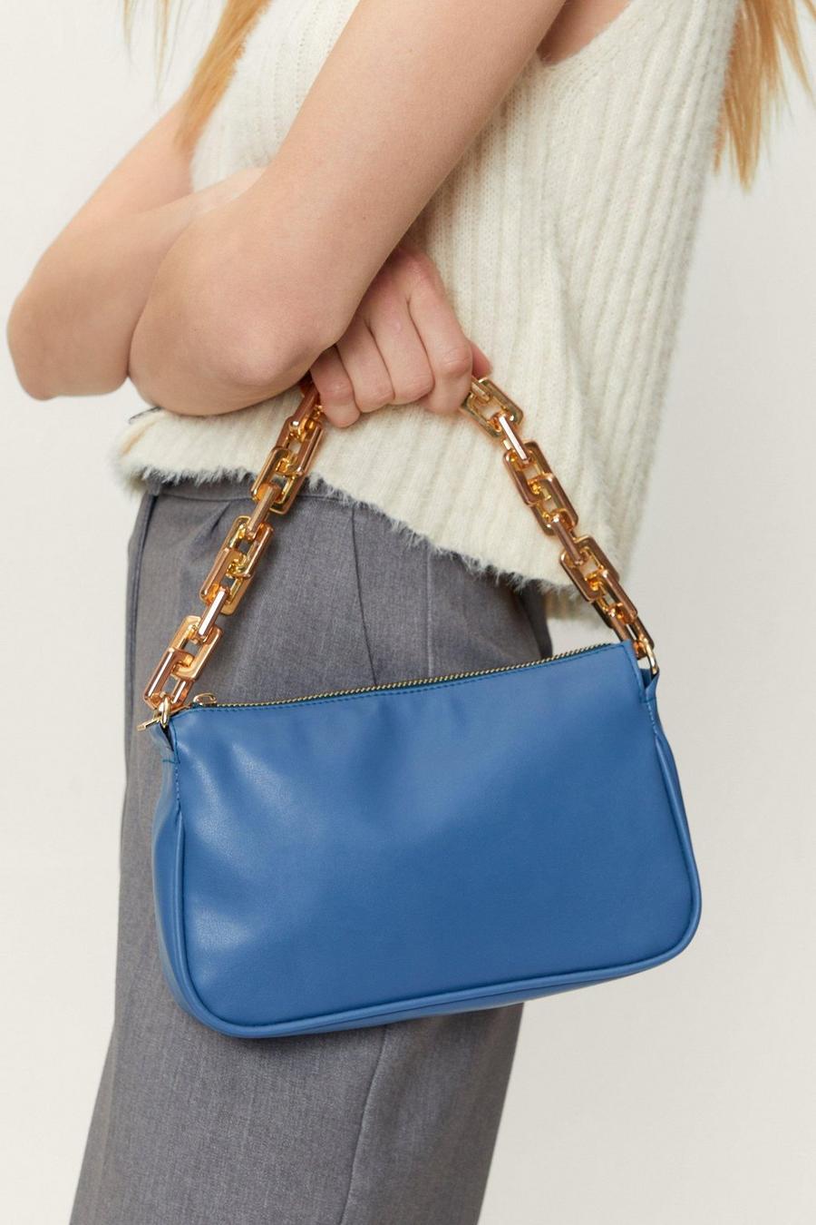 Blue Chunky Chain Strap Faux Leather Shoulder Bag image number 1