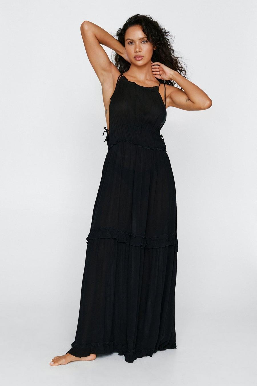 שחור negro שמלת מקסי לחוף מבד מקומט עם מלמלה ופרנזים