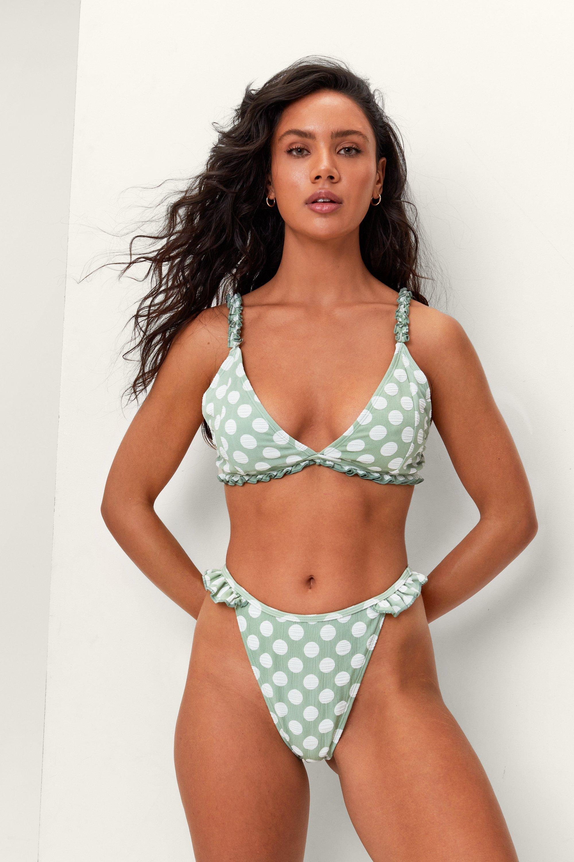 Textured Polka Dot Ruffle Bikini Bottoms boohoo NO