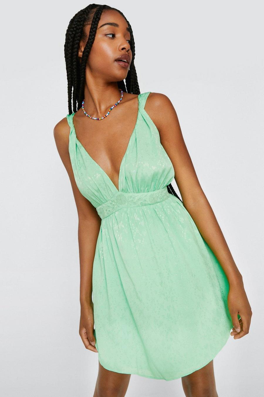 Vestido mini escotado con estampado jacquard y detalle de encaje, Green gerde image number 1