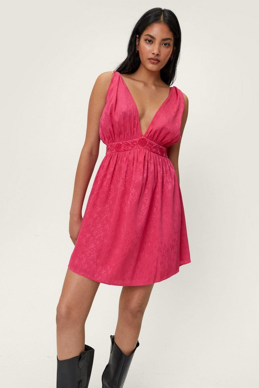 Vestido mini escotado con estampado jacquard y detalle de encaje, Pink image number 1