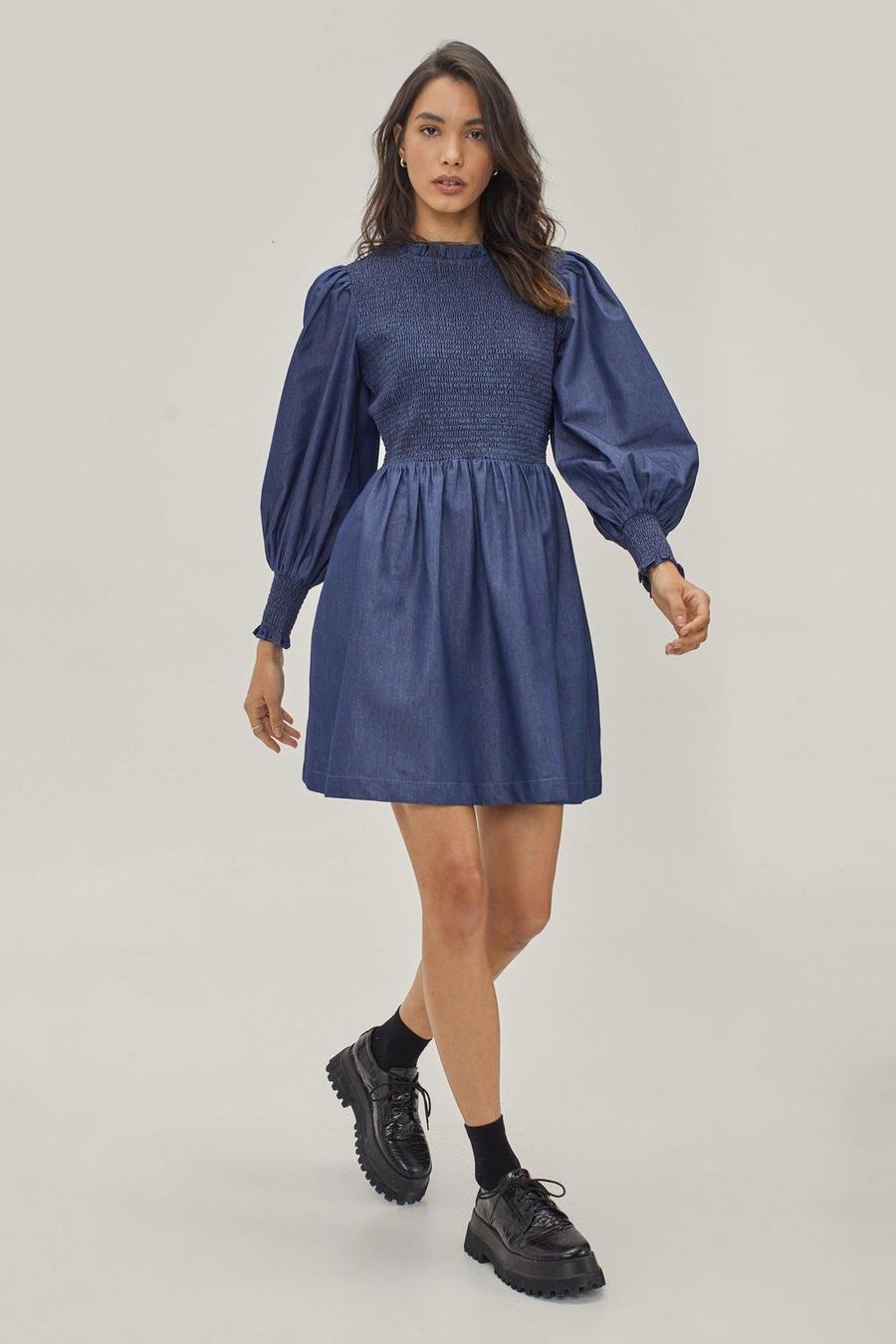 Mid wash blue Denim Smocked Bodice Mini Skater Dress