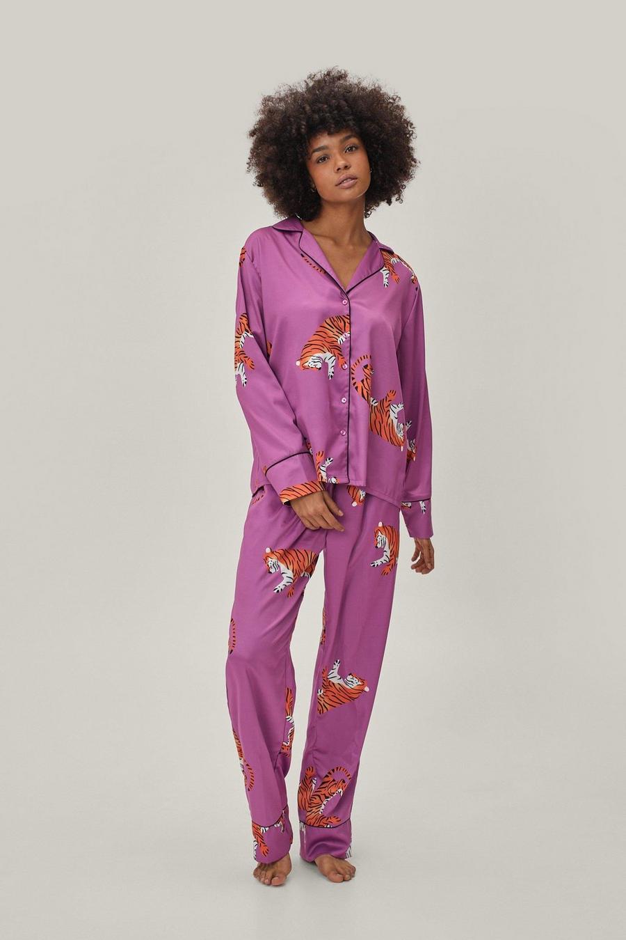 Purple Satin Tiger Pajama Shirt And Pants Set image number 1