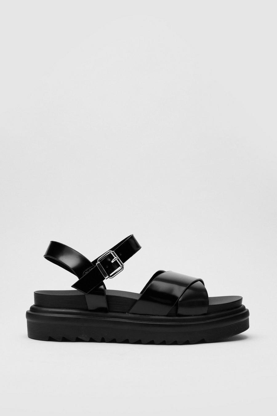 Black Faux Leather Chunky Crossover Strap Sandals image number 1