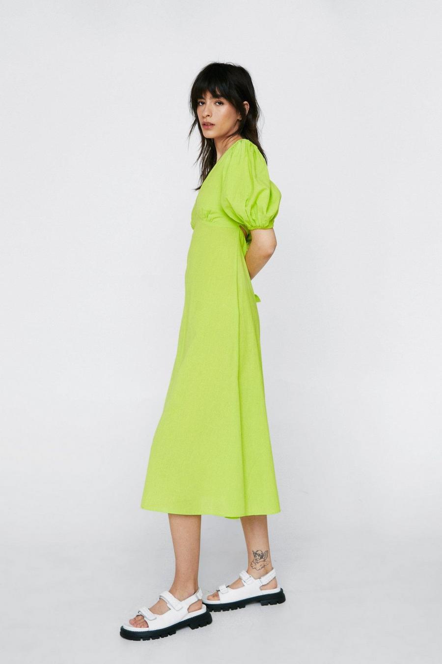 Green Linen Open Back V Neck Midi Dress