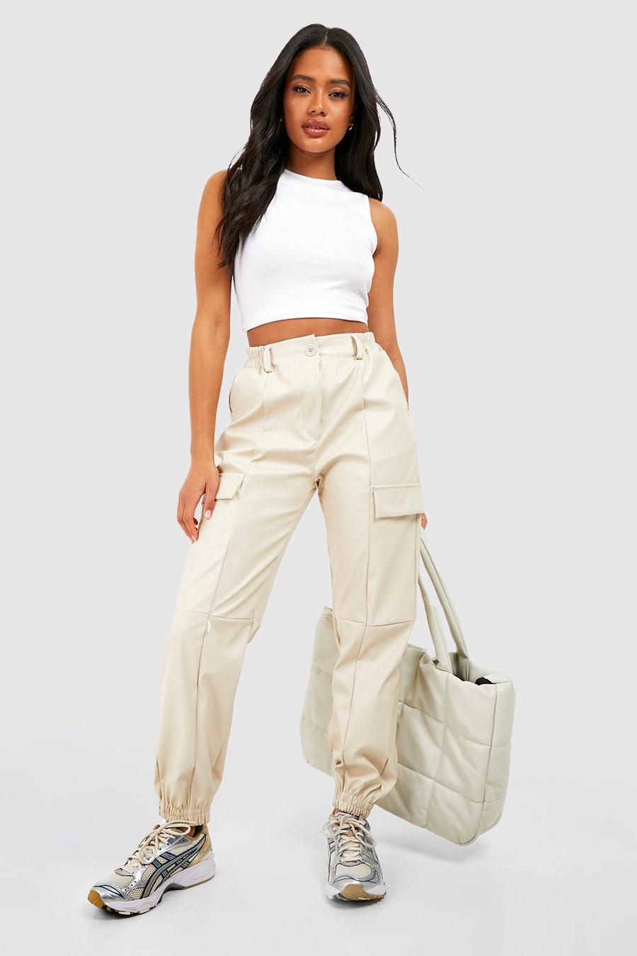 Cream High Waisted Leather Look Cargo Joggers image number 1