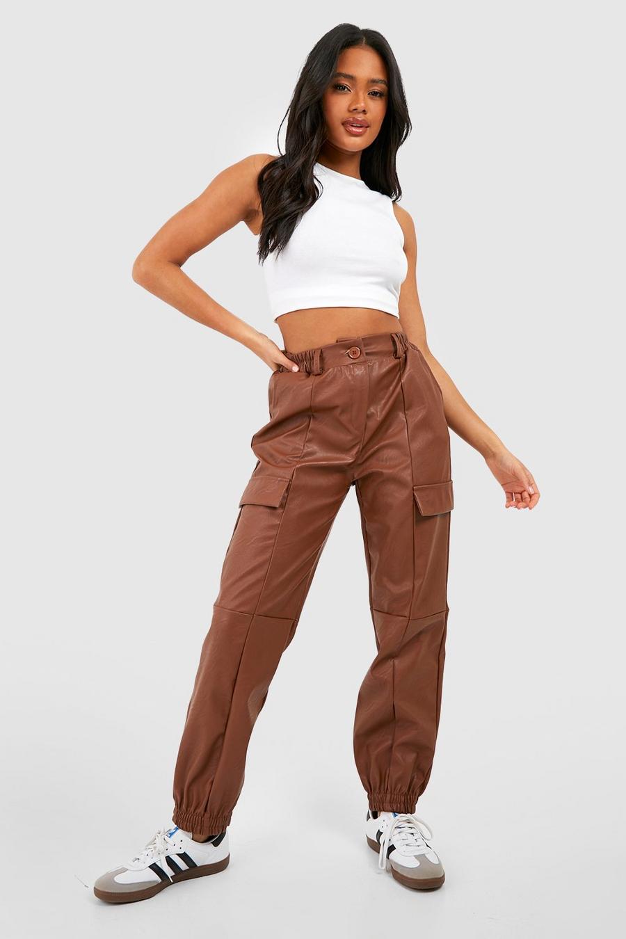Tan High Waisted Faux Leather Cargo Joggers image number 1