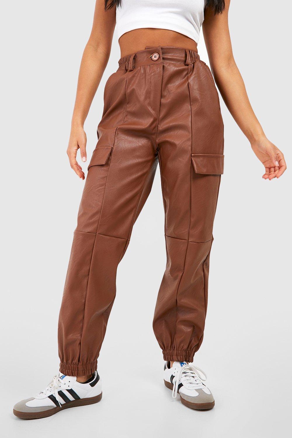 Women's High Waisted Leather Look Cargo Joggers