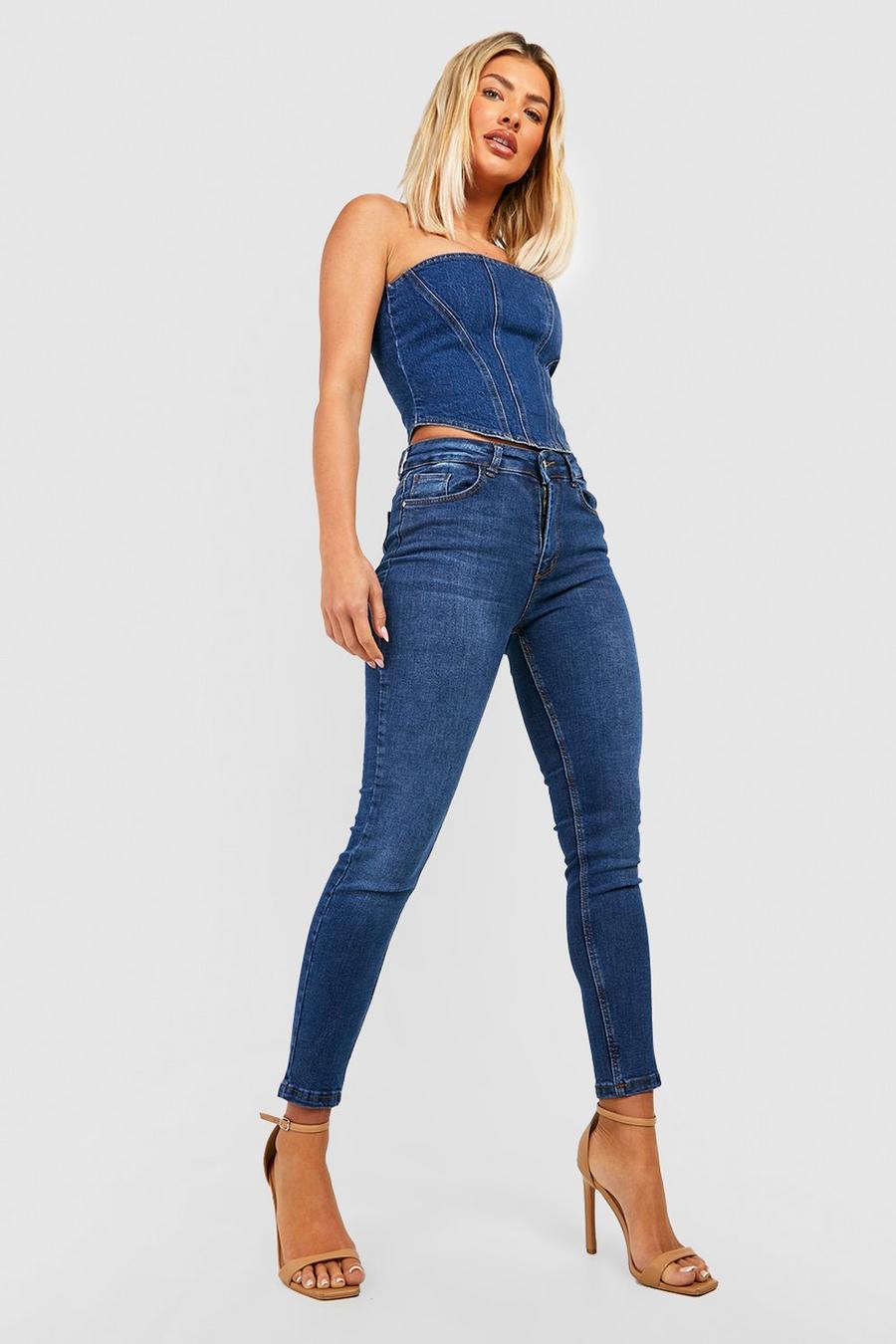 Mid blue High Waisted Distressed Skinny Jeans image number 1