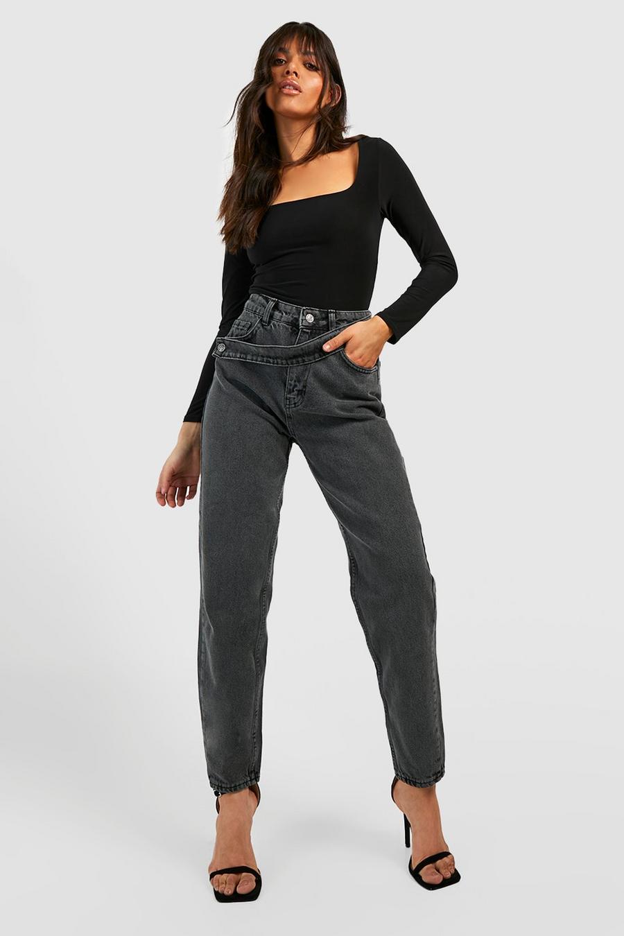 שחור דהוי ג'ינס מאם א-סימטרי בגזרה גבוהה עם חגורה image number 1