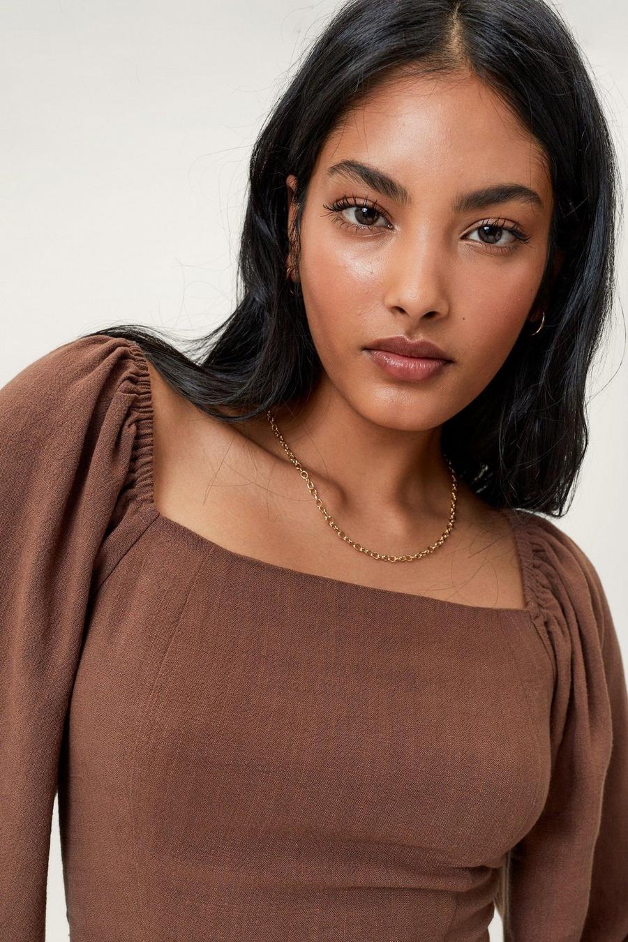 Chocolate brown Linen Square Neck Long Sleeve Crop Top