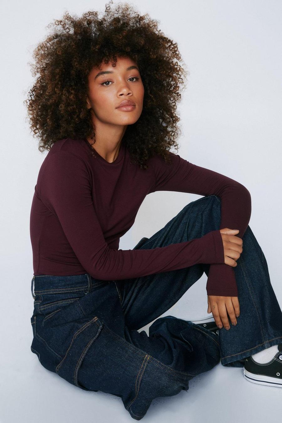 Berry red Crew Neck Long Sleeve Top