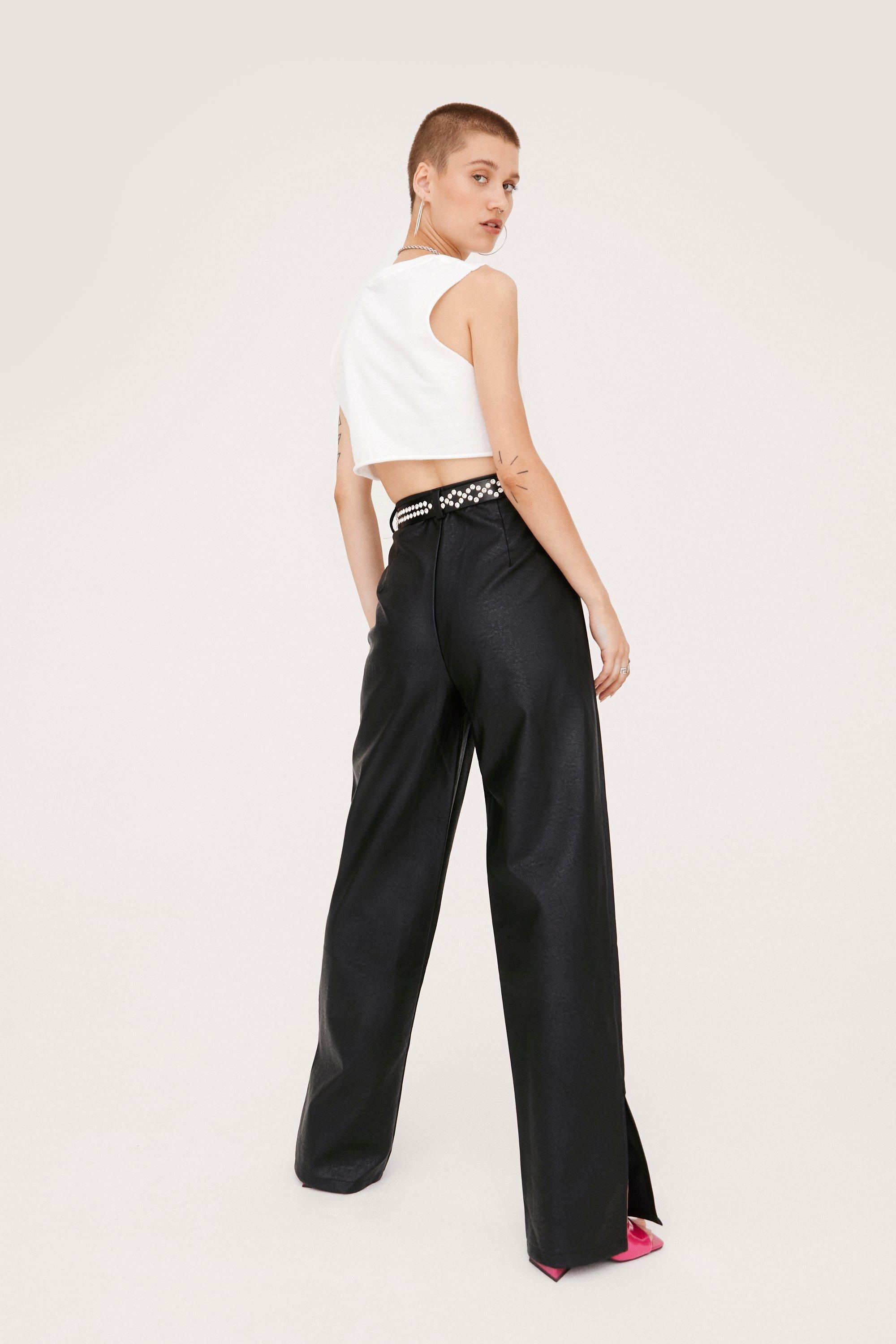 Faux Leather Split Hem Wide Leg Pants boohoo