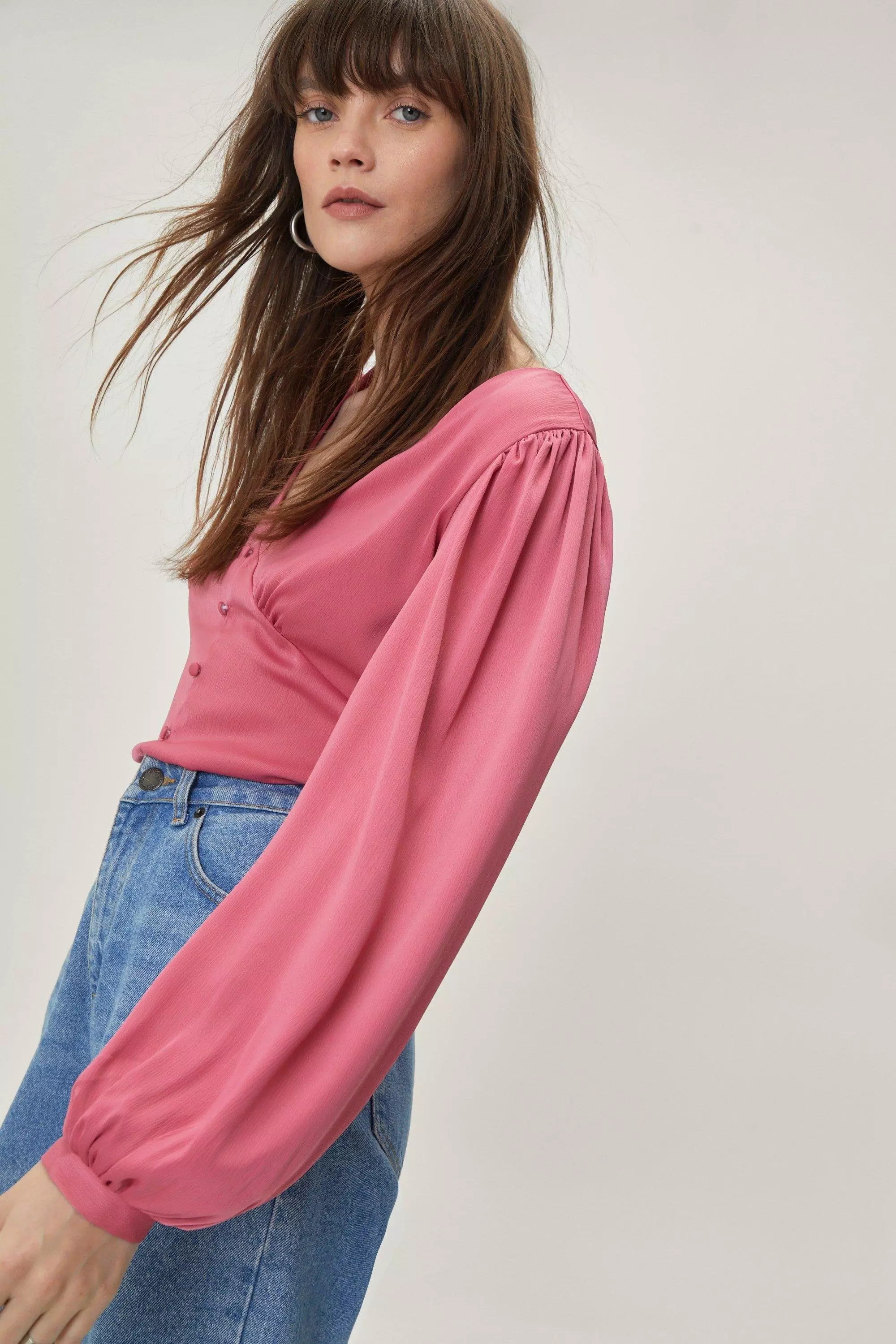 Satin Button Detail Balloon Sleeve Blouse