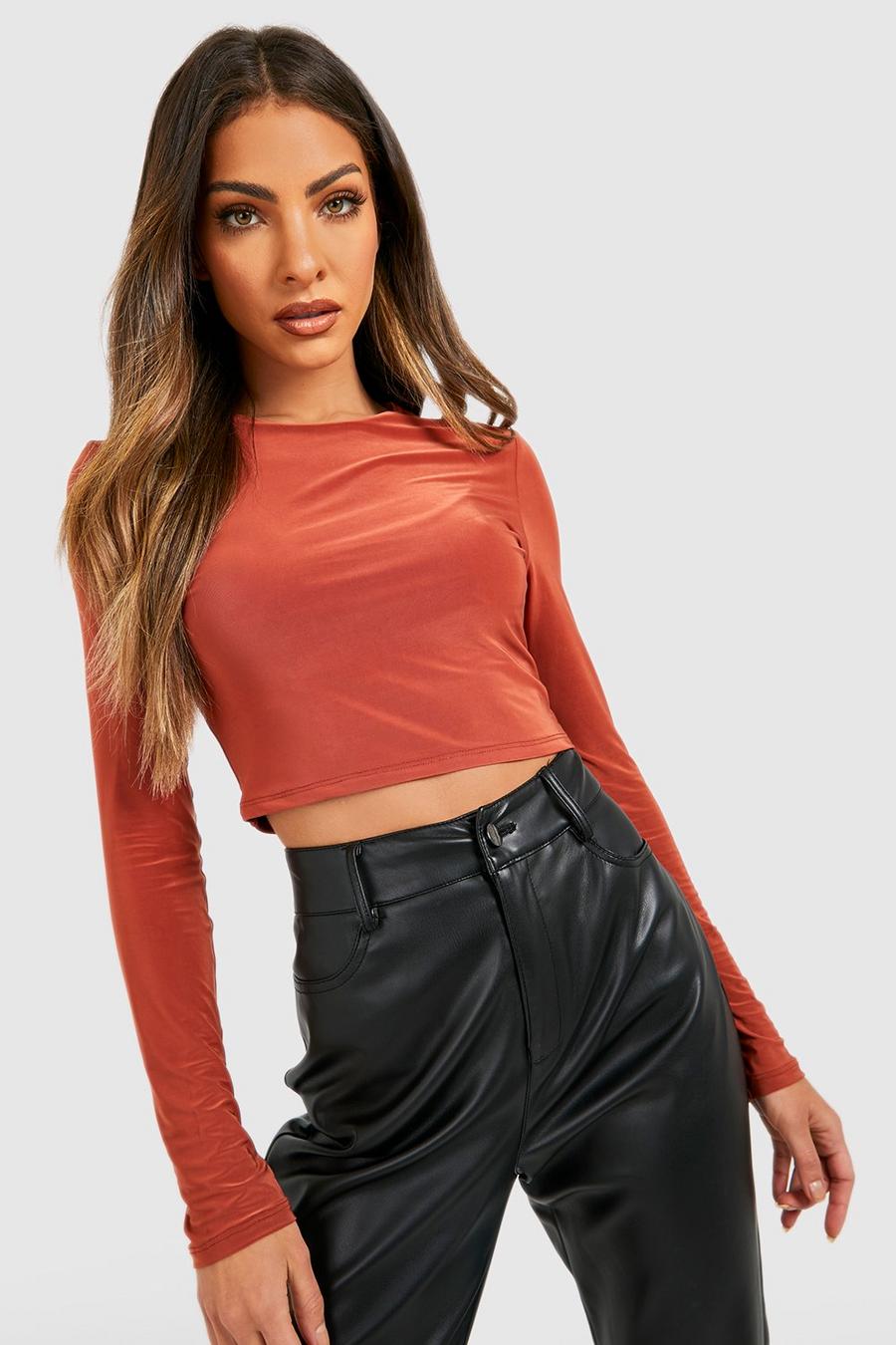 Rust Double Layer Slinky Scoop Neck Long Sleeve Cropped Top image number 1