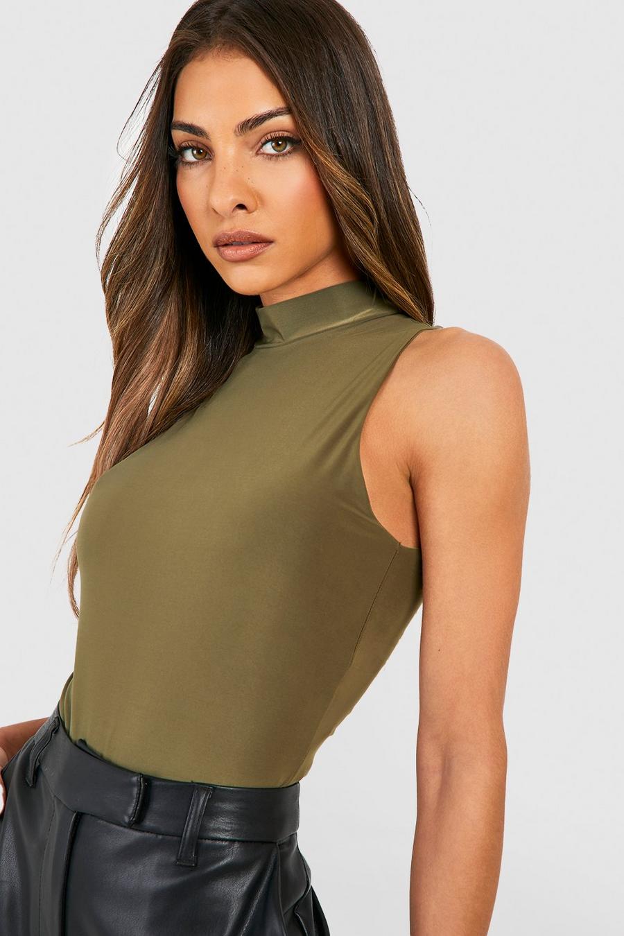 Olive Double Layer Slinky Funnel Neck Bodysuit image number 1