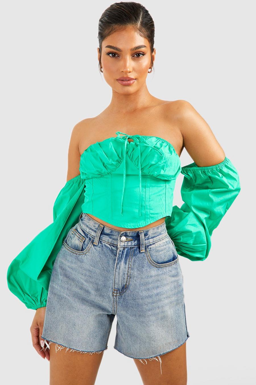 Green Cotton Poplin Off The Shoulder Puff Sleeve Corset  image number 1