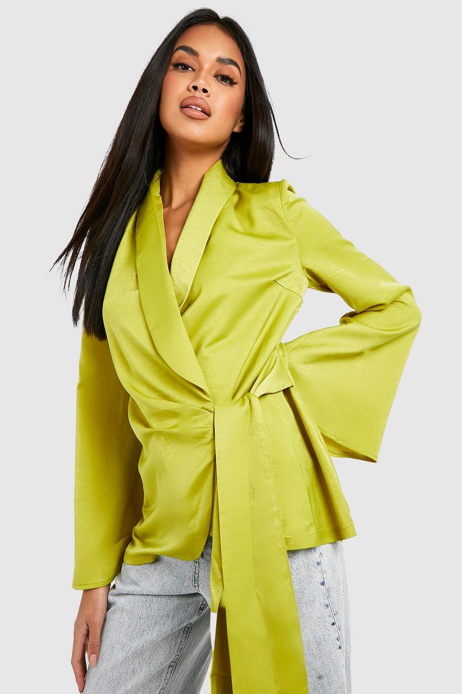 Chartreuse Satin Flared Sleeve Wrap Detail Blazer Top image number 1