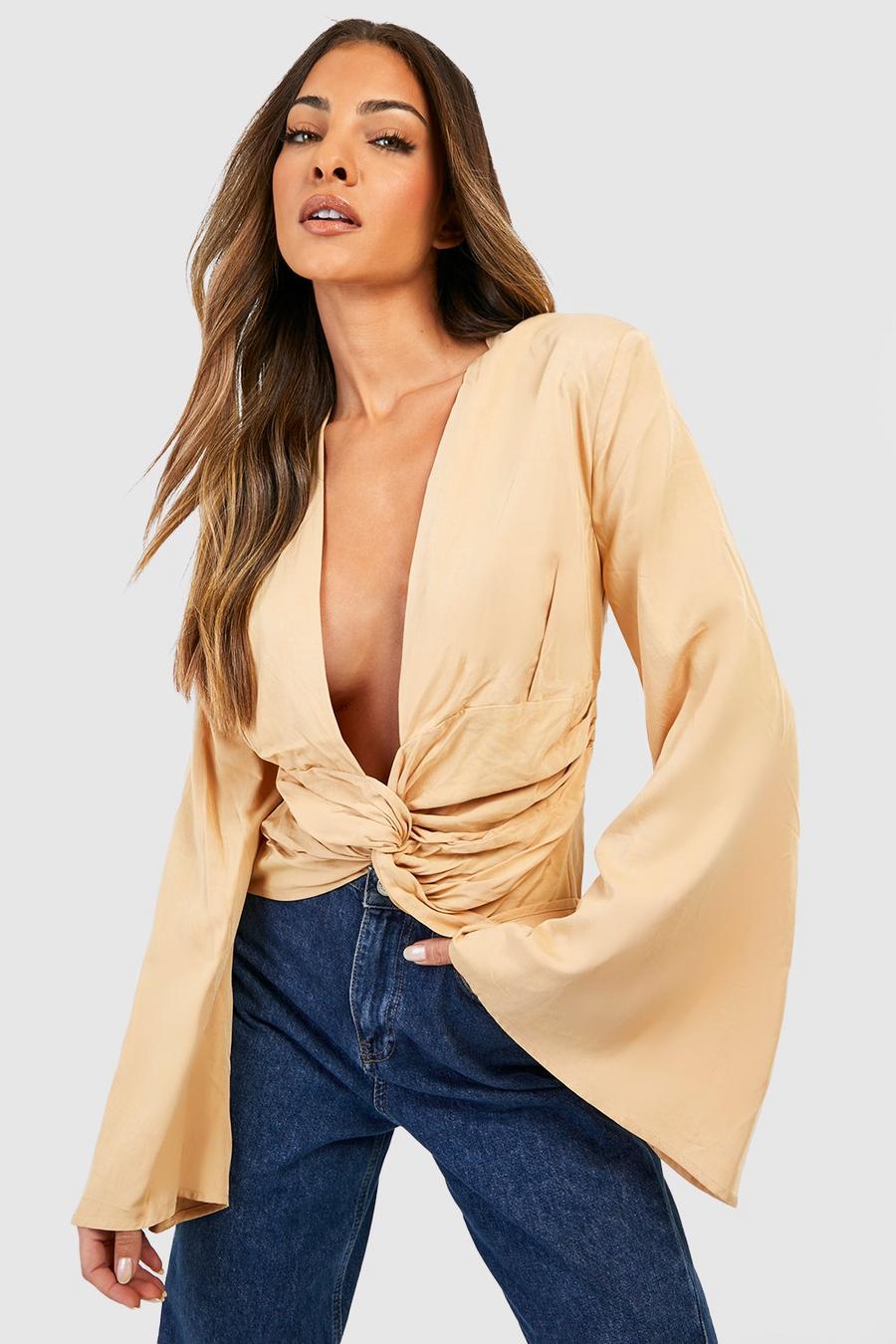 Camel Wrap Detail Drape Flared Sleeve Textured Blouse image number 1
