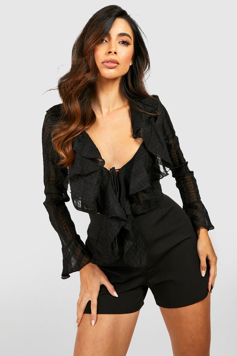 Black Textured Ruffle Tie Detail Cropped Blouse Top image number 1