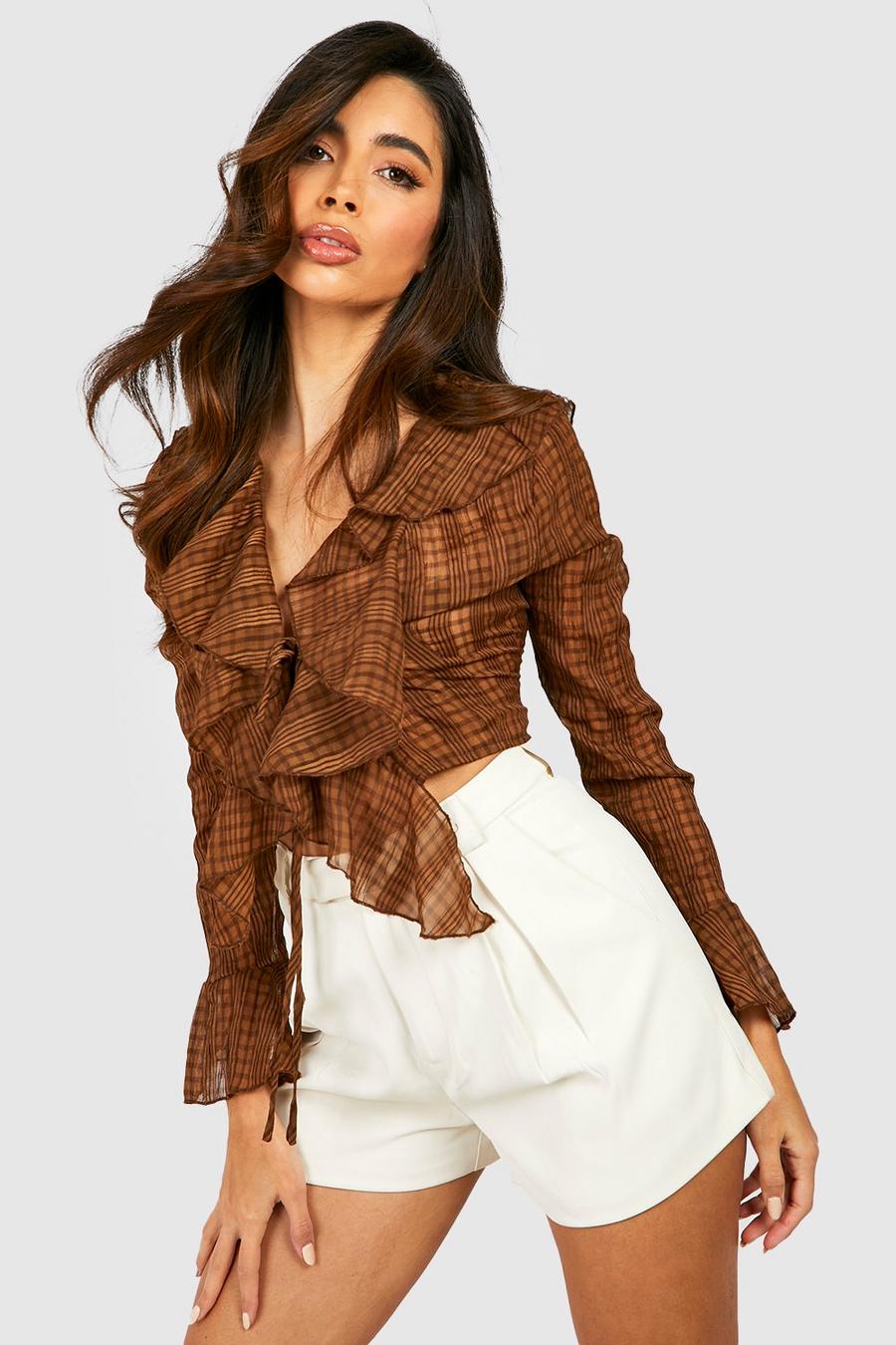 Chocolate Textured Ruffle Tie Detail Cropped Blouse Top image number 1