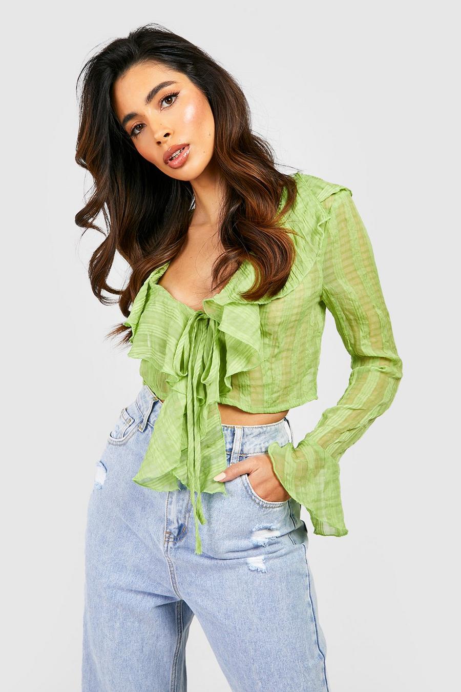 Green Textured Ruffle Tie Detail Cropped Blouse Top image number 1