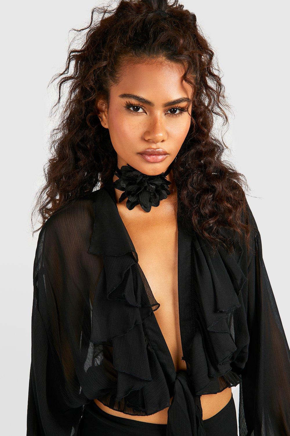 Black Sheer Chiffon Tie Waist Blouse