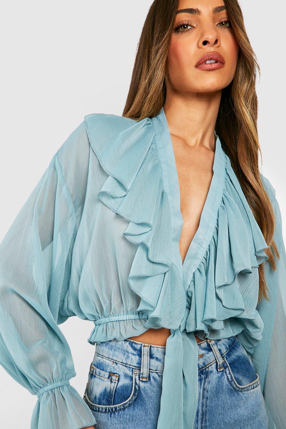 Chiffon Ruffle Tie Detail Frill Hem Blouse Top