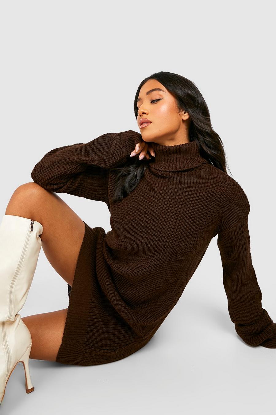 Chocolate Petite Roll Neck Waffle Knit Jumper Dress image number 1