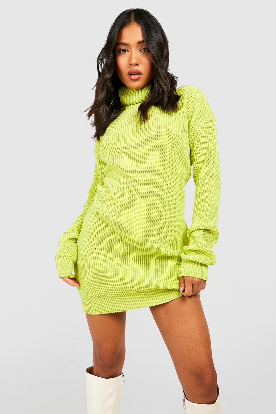 Lime grön Petite Roll Neck Waffle Knit Jumper Dress image number 1