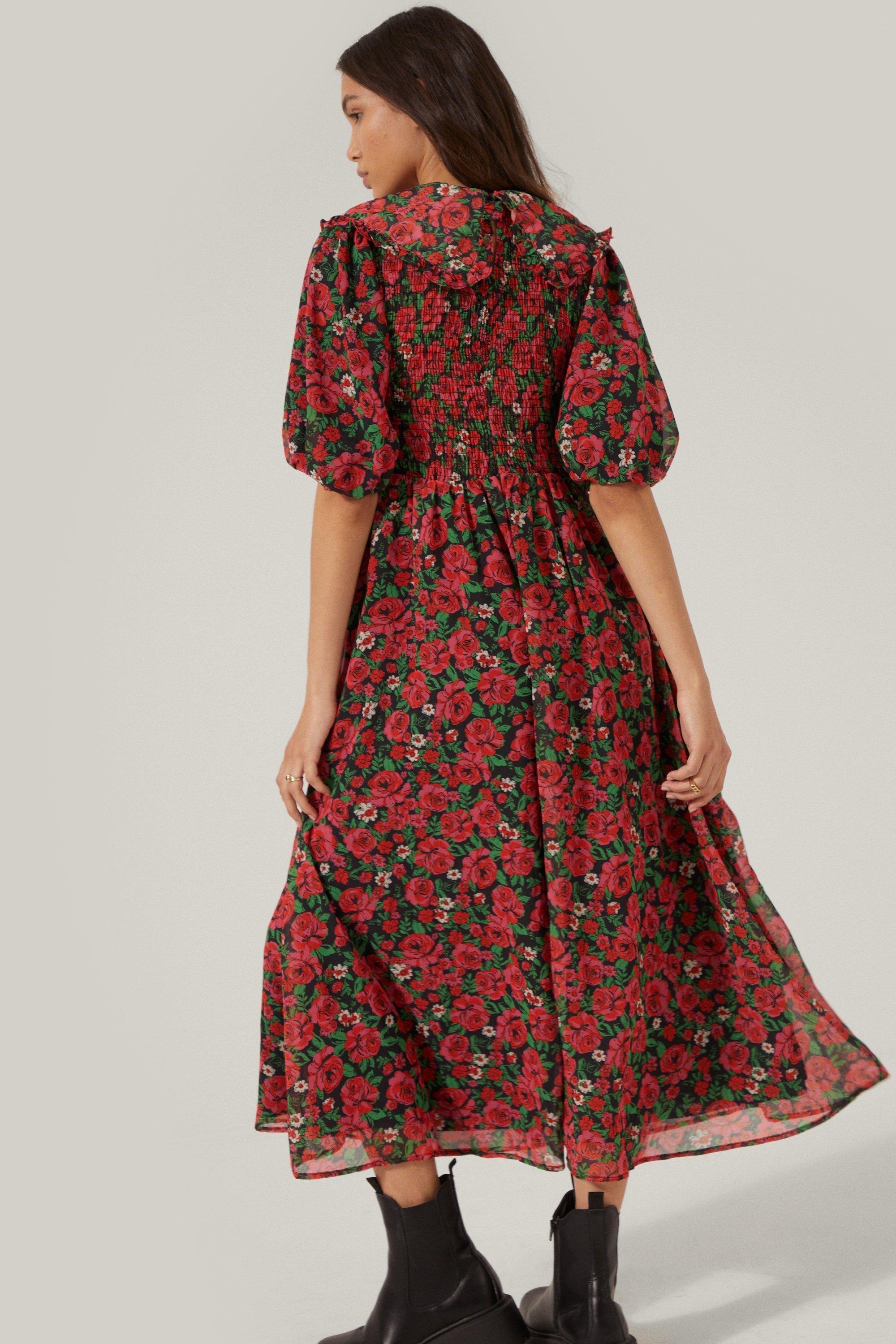 Floral Print Peter Pan Collar Shirred Midi Dress