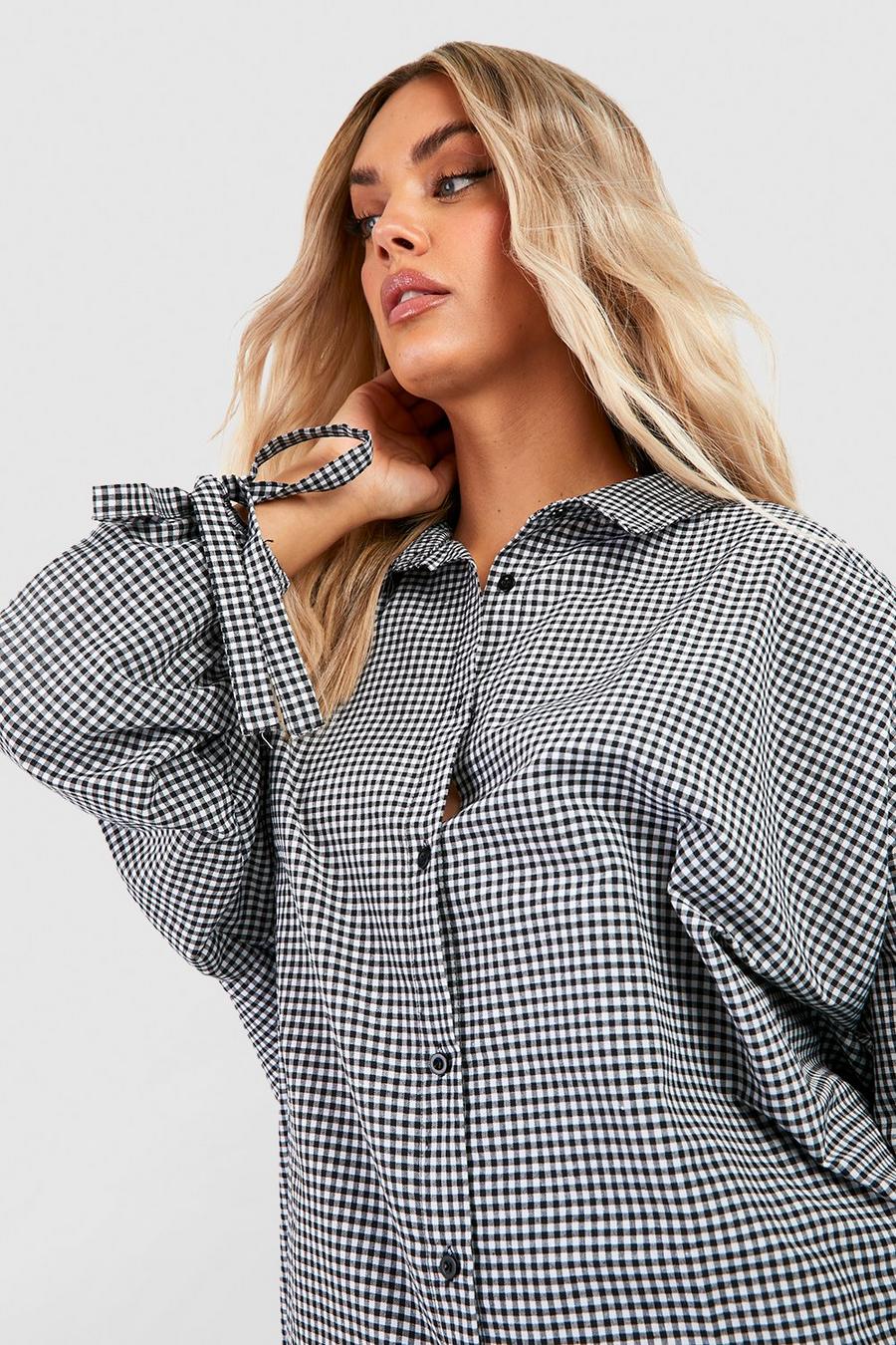 Black Plus Tie Cuff Oversized Gingham Checked Shirt image number 1
