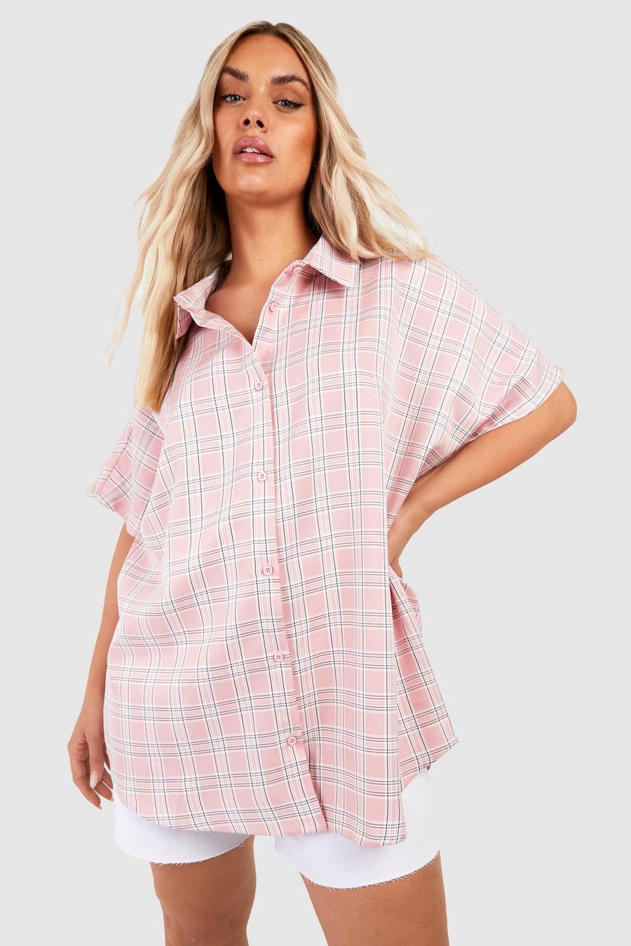 Pink Plus Short Sleeve Oversized Checked Shirt image number 1