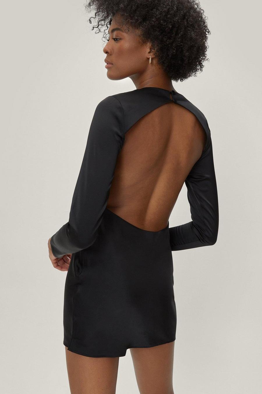 Black Long Sleeve Backless Satin Mini Dress