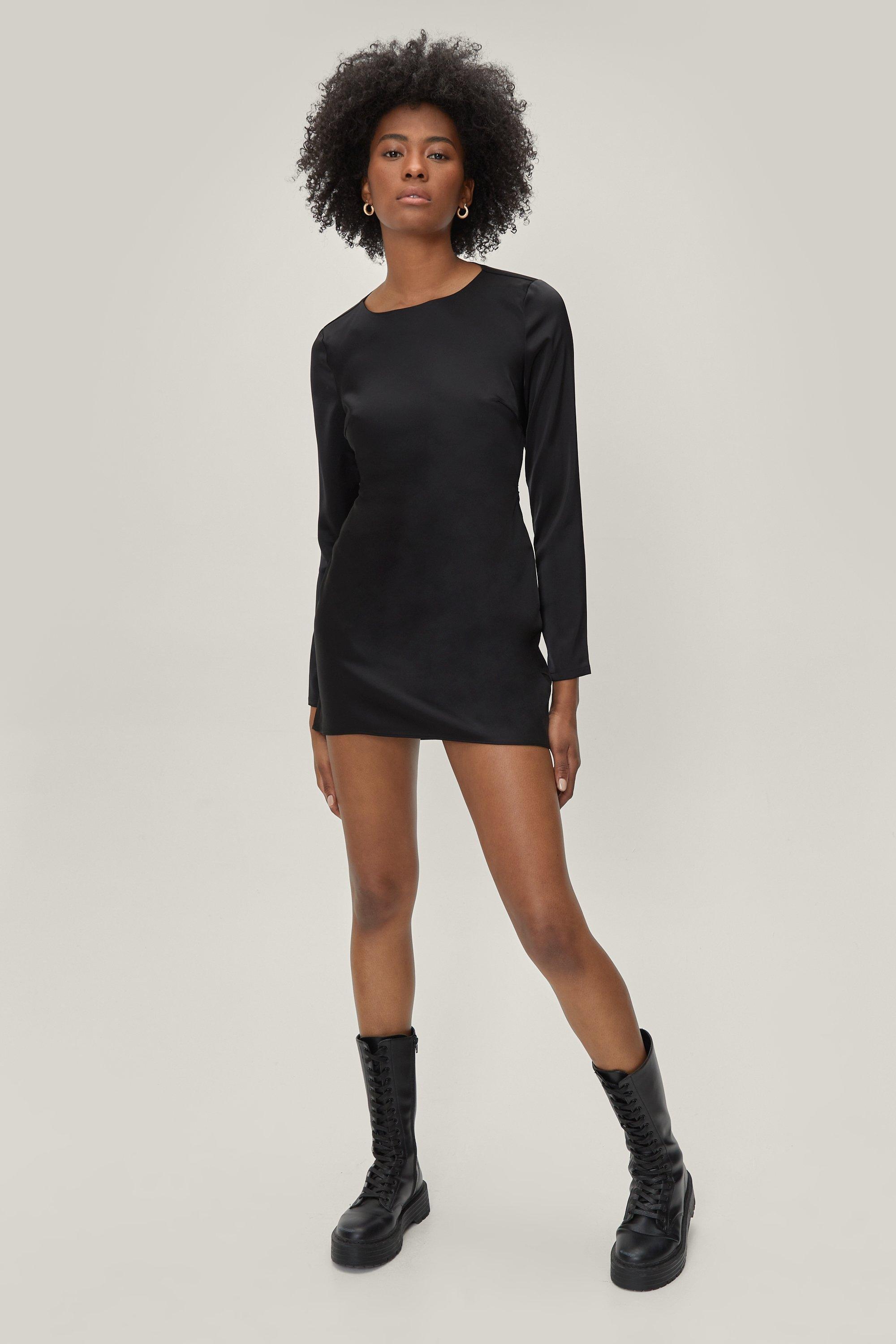 Long Sleeve Backless Satin Mini Dress boohoo