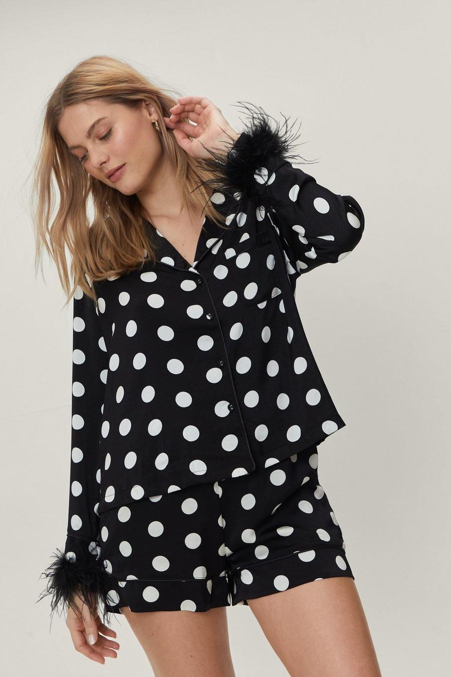 Black Polka Dot Feather Trim Pyjama Shirt And Shorts Set image number 1
