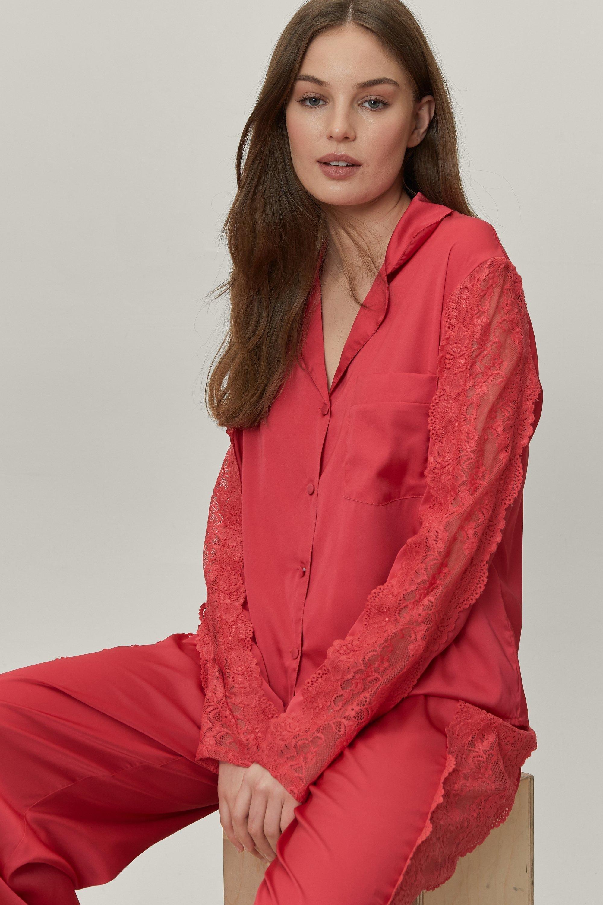 Satin Lace Trim Shirt And Pajama Pants Set