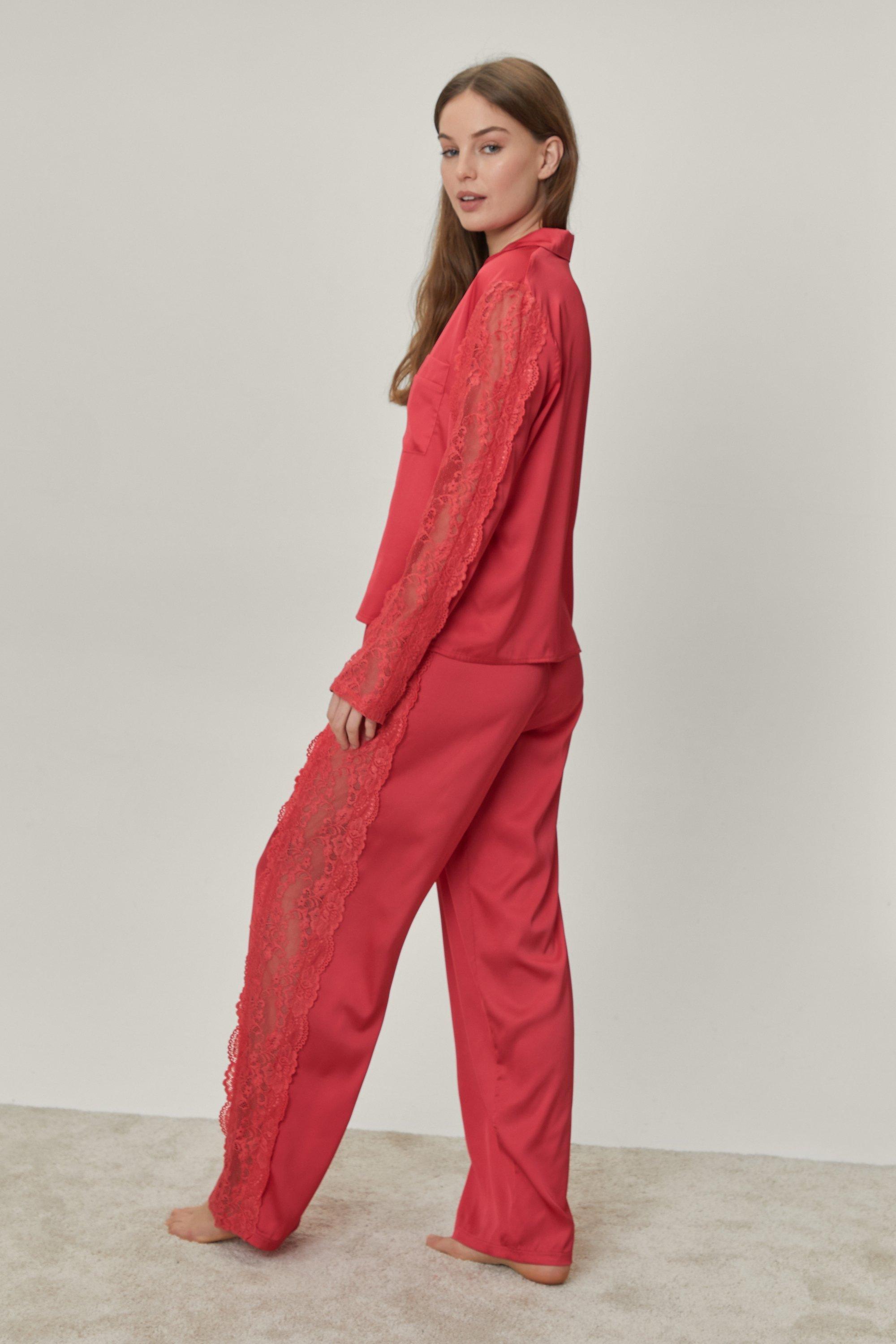 Satin Lace Trim Shirt And Pajama Pants Set