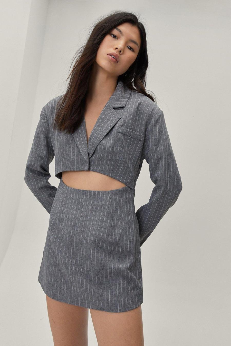 Grey Pinstripe Cut Out Blazer Mini Dress image number 1