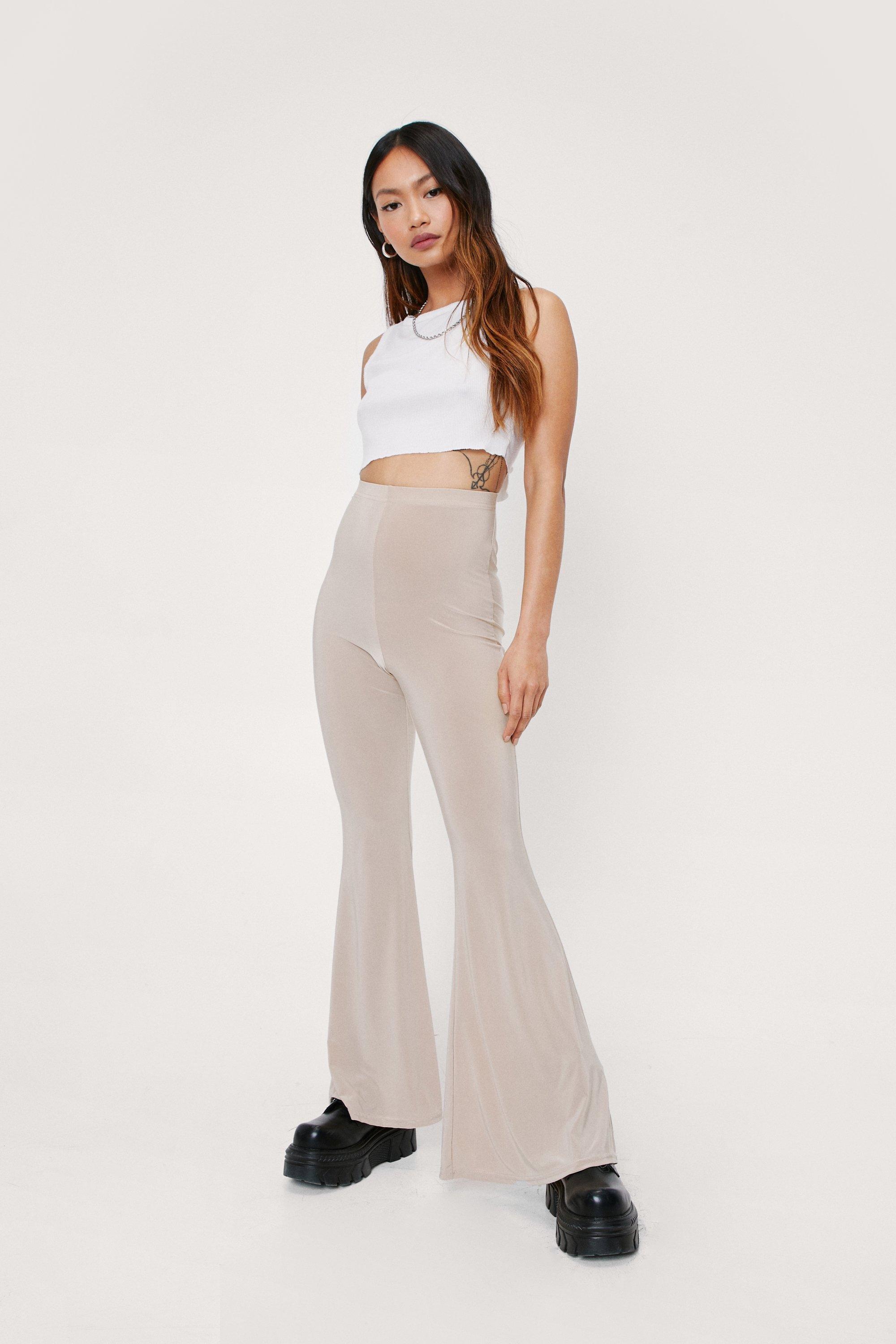 Buy Boohoo Crinkle Rib Thick Waistband Flare Pants In Beige