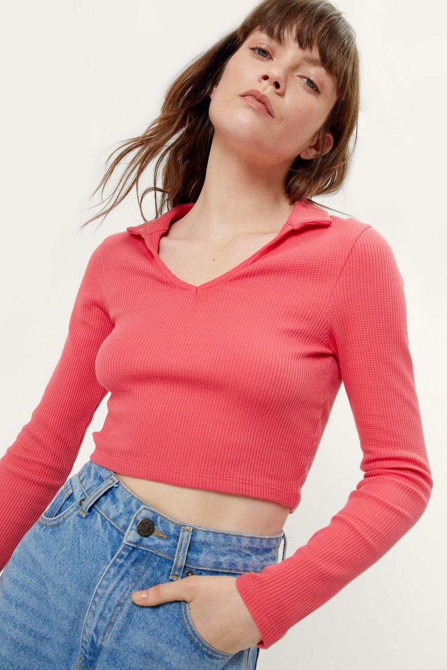 Berry red Waffle Long Sleeve Polo Top