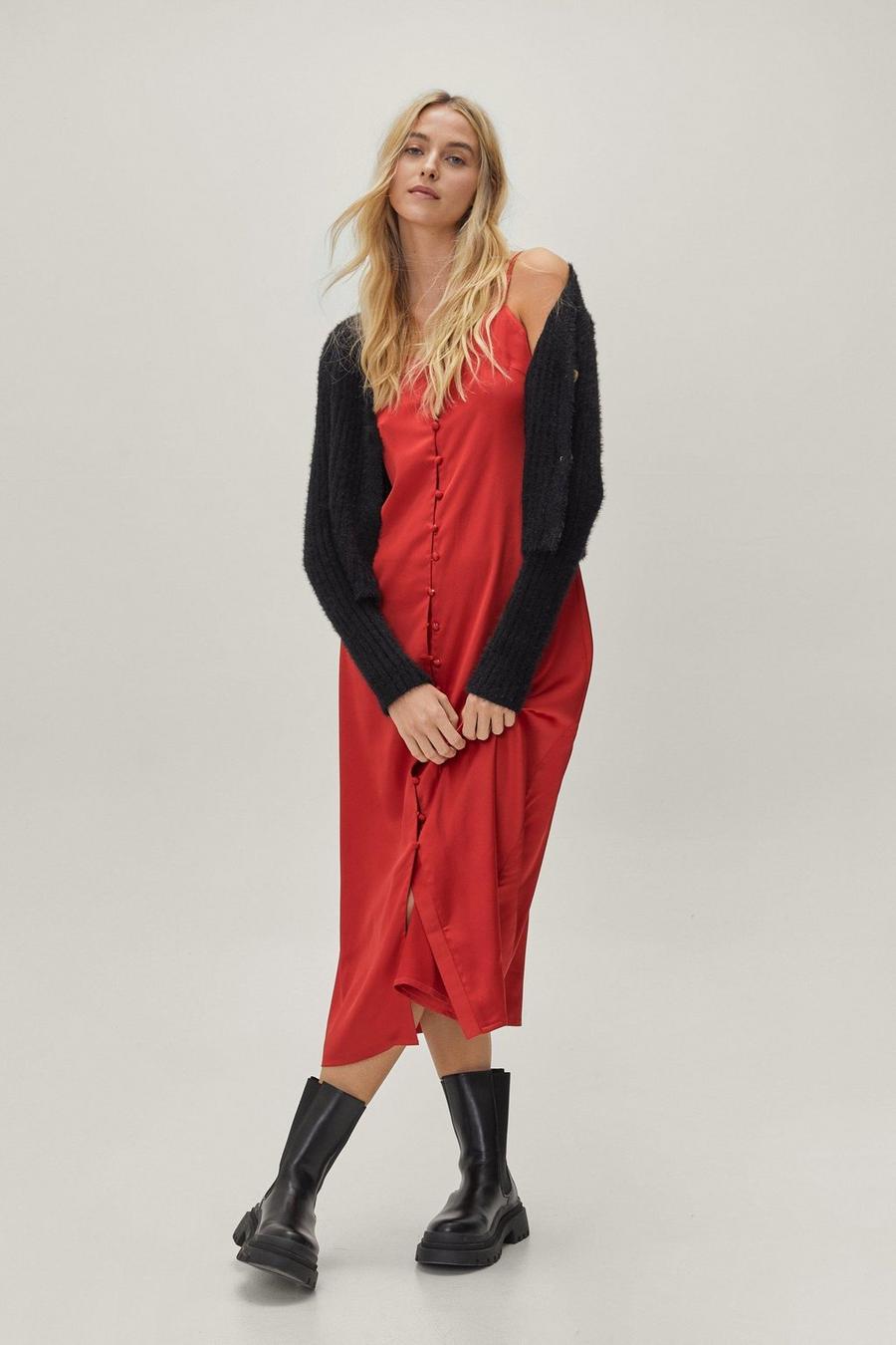 Red Button Down Strappy Satin Midi Slip Dress image number 1