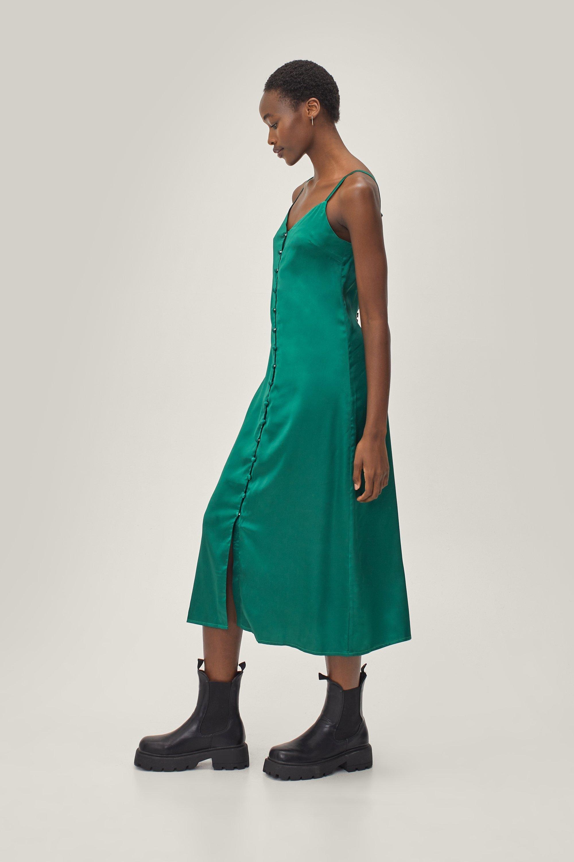 Green Longline Satin Cami Slip Dress –